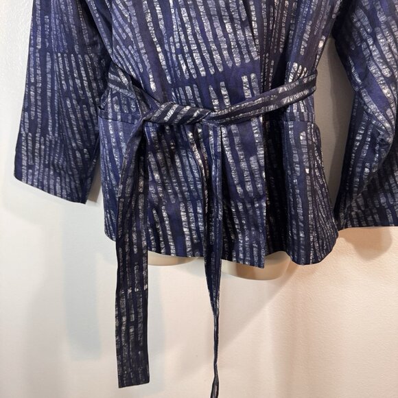 Banana Republic Blazer Jacket 10 Silk Cotton Satin Wrap Belted Blue Striped - Picture 3 of 9